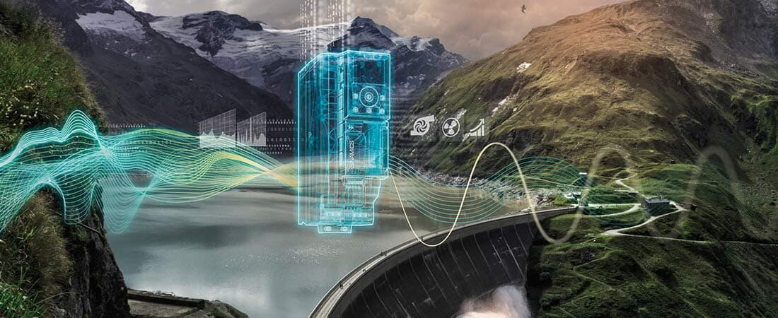 Moodbild mit Staudamm und Illustration Siemens Sinamics G120X | © Siemens AG