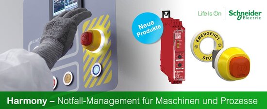 Sicherheitsrelais und Not-Aus-Taster von Schneider Electric werden in Funktion gezeigt. | © Schneider Electric