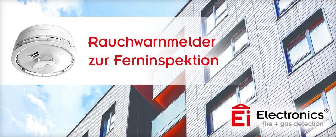 Abbildung einer Hochhausfassade mit dem Rauchwarnmelder und dem Logo von Ei Electronics | © Ei Electronics