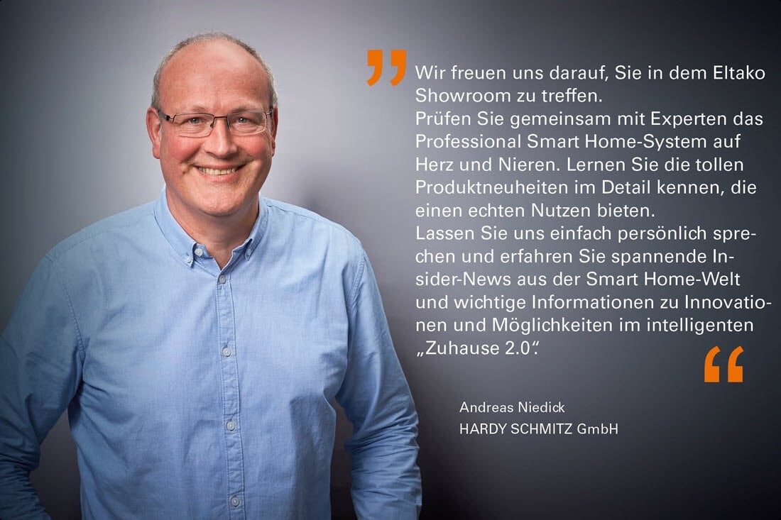 HARDY SCHMITZ Mitarbeiter Andreas Niedick mit einem Zitat zum mobilen Eltako Showroom