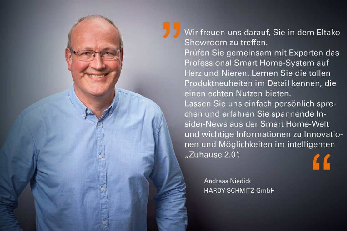 HARDY SCHMITZ Mitarbeiter Andreas Niedick mit einem Zitat zum mobilen Eltako Showroom