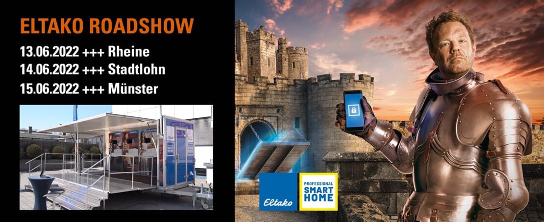 Abbildung einer Burg mit einem Ritter mit Smartphone zusammen mit den Daten der Eltako Roadshow.