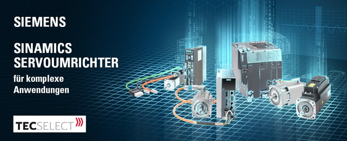 Abbildung von Antriebskomponenten mit Servoumrichter SINAMICS von Siemens mit Siemens-Logo. | © Siemens 2020. Alle Rechte vorbehalten.
