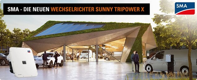 Abbildung des Wechselrichters Sunny Tripower X vor einem modernen Autohaus.