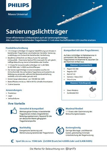 Abbildung des Maxos Universal Sanierungslichtträgers von Philips vor blauem Hintergrund mit dem Logo von Philips