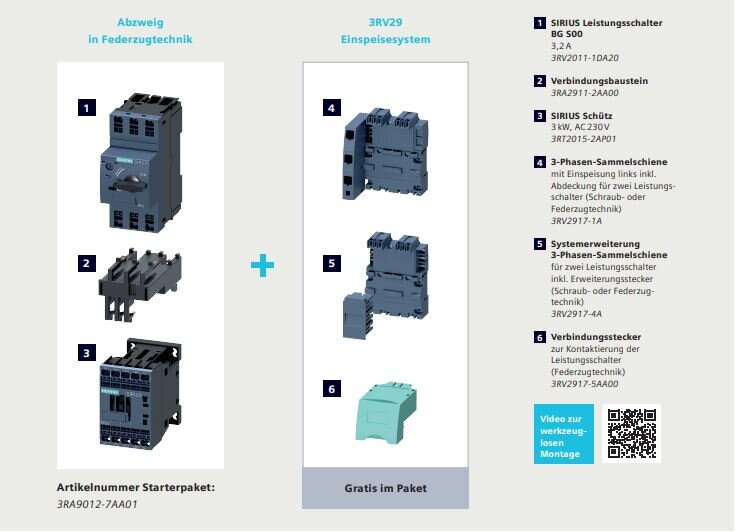 Abbildung der einzelnen Geräte des Starterkits des SIRIUS Einspeisesystems 3RV29.