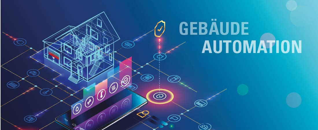 digitale Veranschaulichung eines Hauses mit verschiedenen Symbolen wie Sicherheit, Wärme, Belüftung. Außerdem steht auf dem Bild der Schriftzug: "Gebäudeautomation"